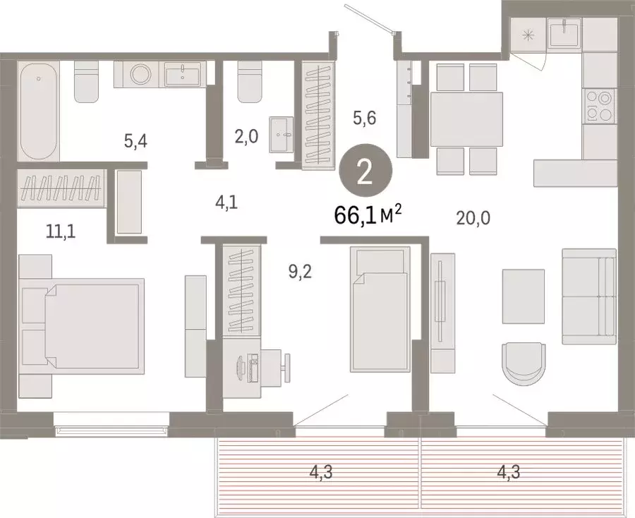 2-комнатная квартира: Омск, Кировский округ (66.07 м) - Фото 1