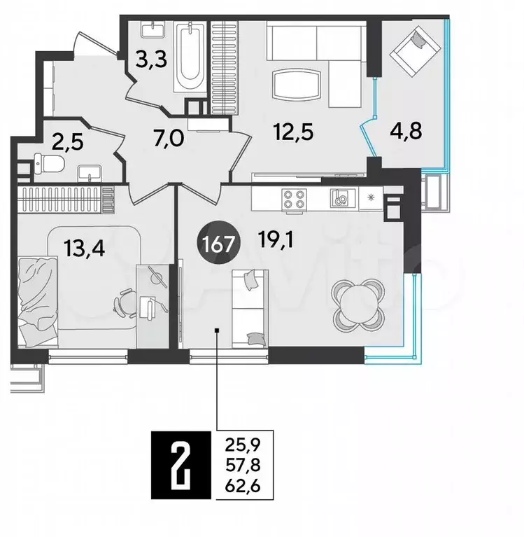 2-к. квартира, 62,6 м, 3/9 эт. - Фото 1