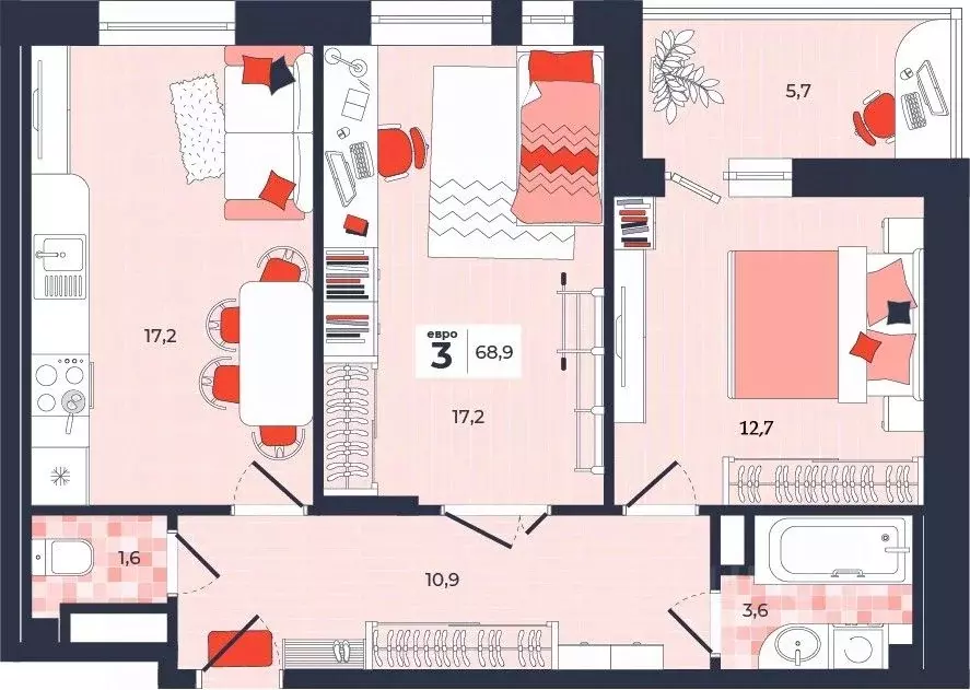 3-к кв. Тульская область, Тула ул. Академика Насоновой, 1А (68.9 м) - Фото 1