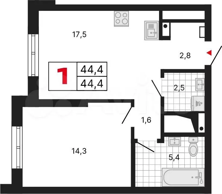 1-к. квартира, 44,6 м, 27/29 эт. - Фото 0