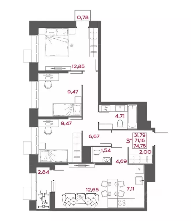 3-к кв. Пензенская область, Пенза Форт жилой комплекс (74.78 м) - Фото 1