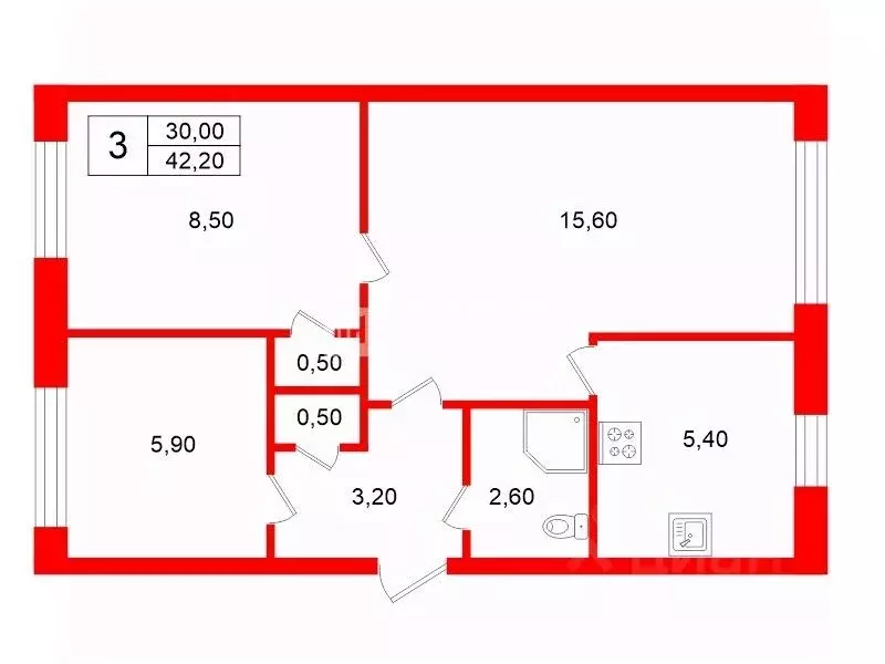 3-к кв. Санкт-Петербург просп. Народного ополчения, 43 (42.2 м) - Фото 2