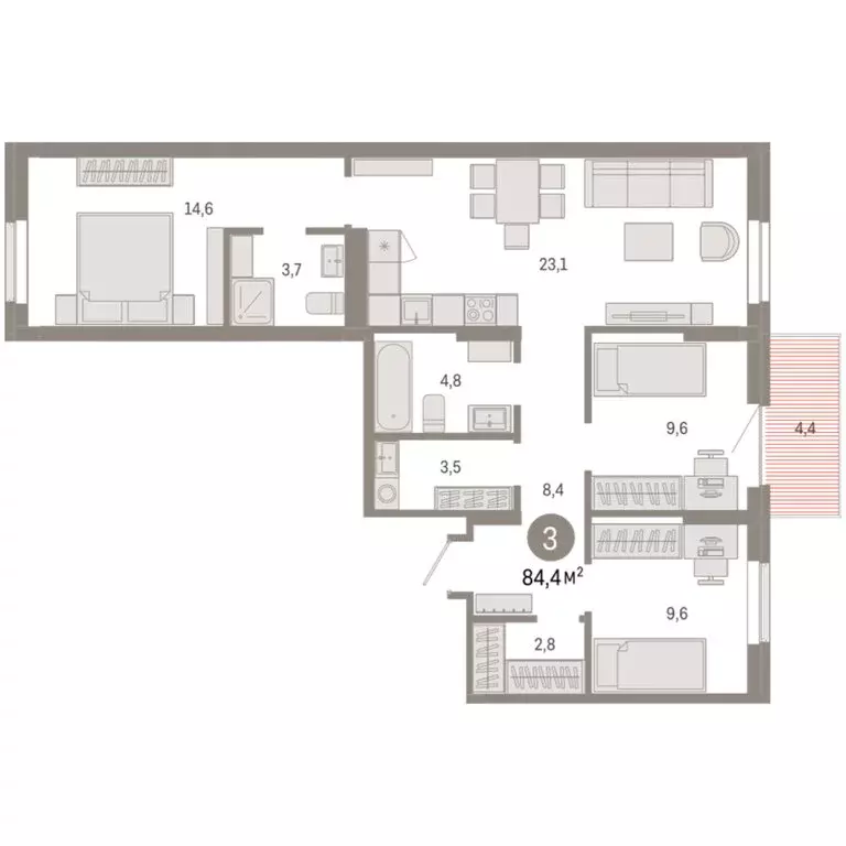 3-комнатная квартира: Омск, Кировский округ (84.38 м) - Фото 1