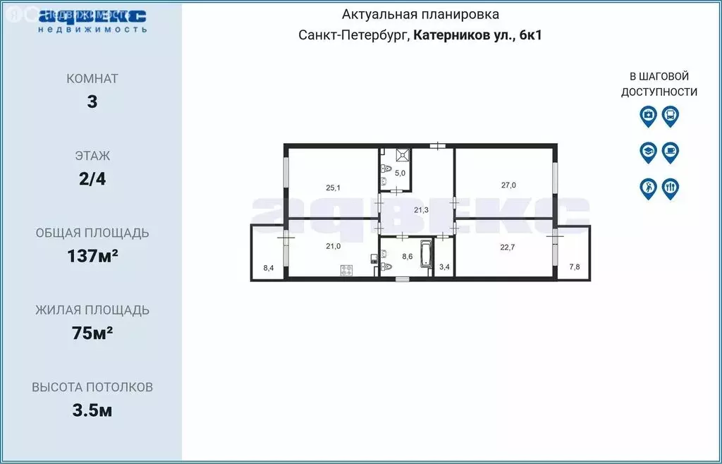 3-комнатная квартира: Санкт-Петербург, улица Катерников, 6к1 (134 м) - Фото 2
