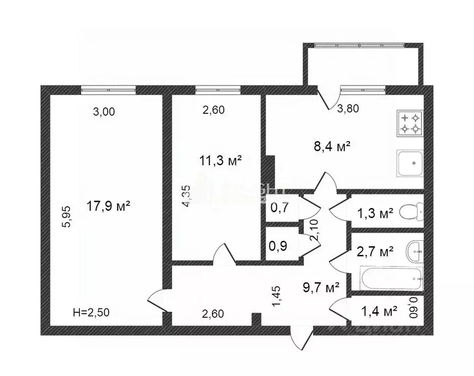 2-к кв. Ямало-Ненецкий АО, Новый Уренгой Мирный мкр, 7/1 (54.8 м) - Фото 1