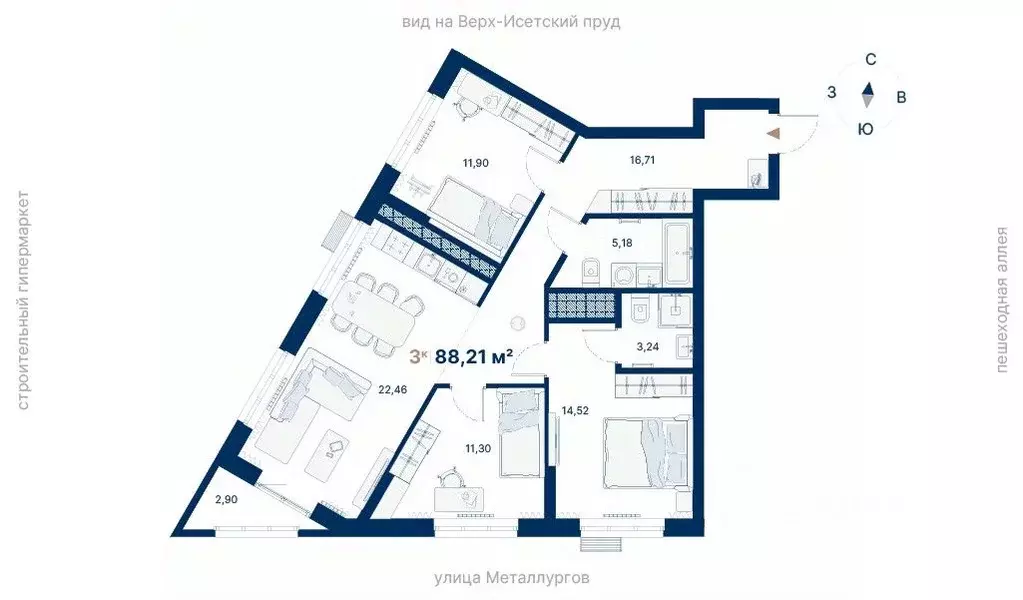 3-к кв. Свердловская область, Екатеринбург ул. Металлургов, 70Е (88.21 ... - Фото 1