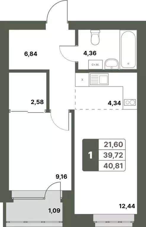 1-к кв. Башкортостан, Уфимский район, с. Миловка  (40.81 м) - Фото 1