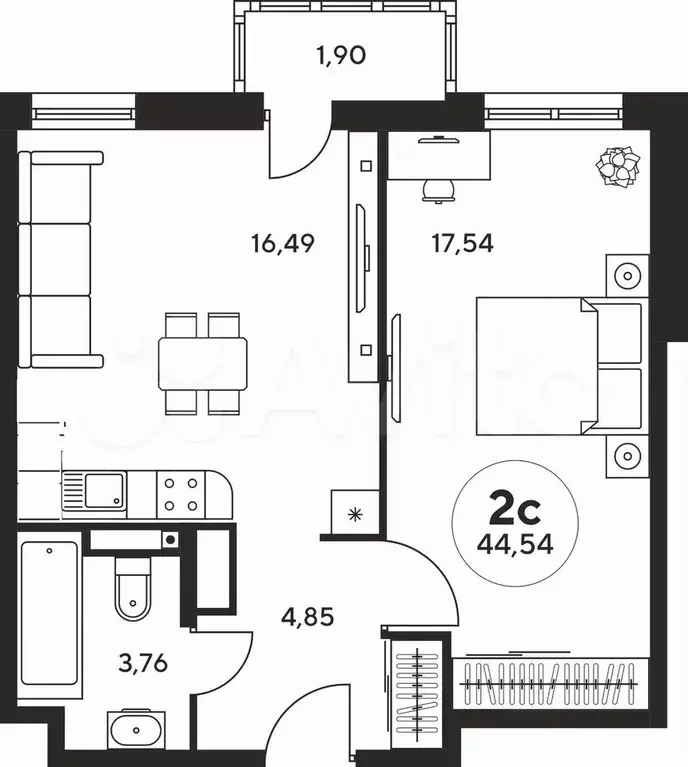 2-к. квартира, 44,5 м, 14/25 эт. - Фото 0