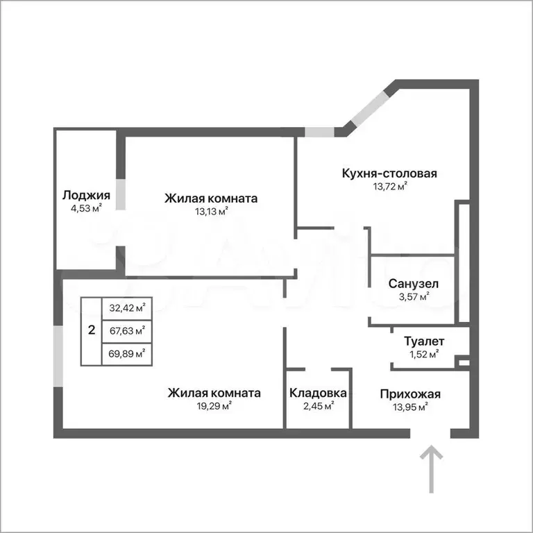 2-к. квартира, 69,9 м, 2/17 эт. - Фото 0