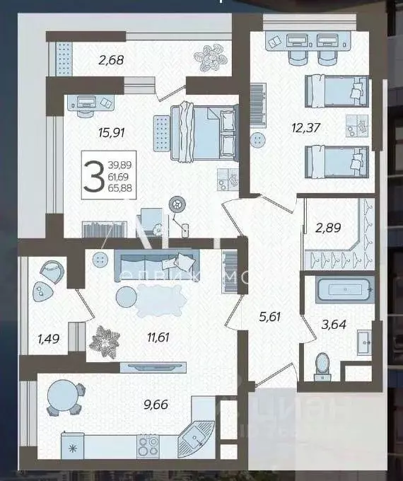 Квартира, 3 комнаты, 65 м - Фото 1