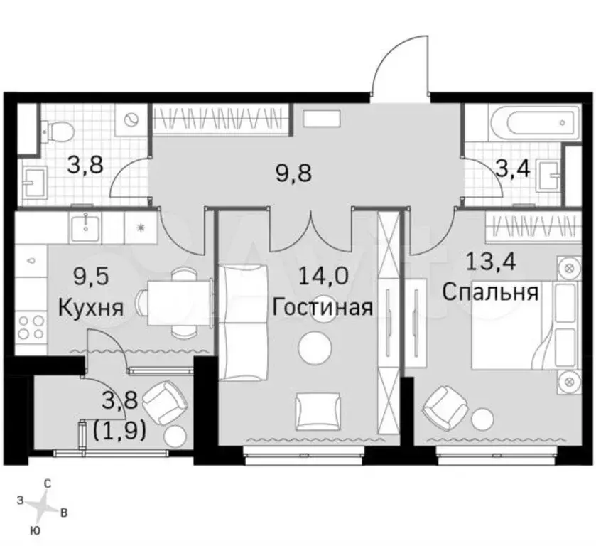 2-к. квартира, 55,8 м, 23/30 эт. - Фото 1