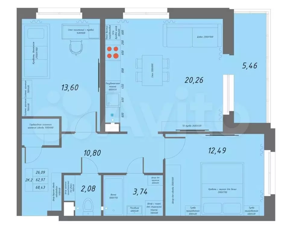 2-к. квартира, 68 м, 2/8 эт. - Фото 0