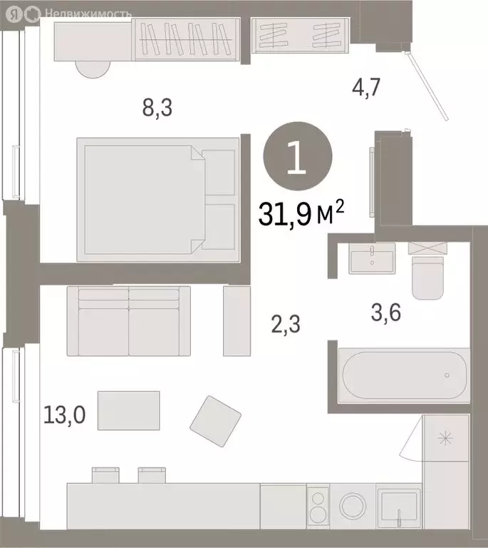 1-комнатная квартира: Тюмень, жилой комплекс Зарека (31.88 м) - Фото 1