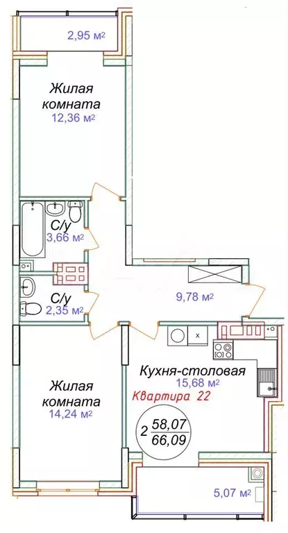 2-к. квартира, 66,1 м, 5/5 эт. - Фото 0