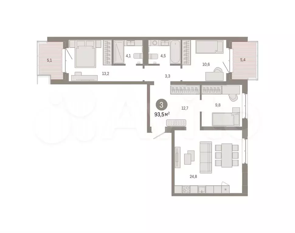 3-к. квартира, 93,5 м, 5/9 эт. - Фото 0