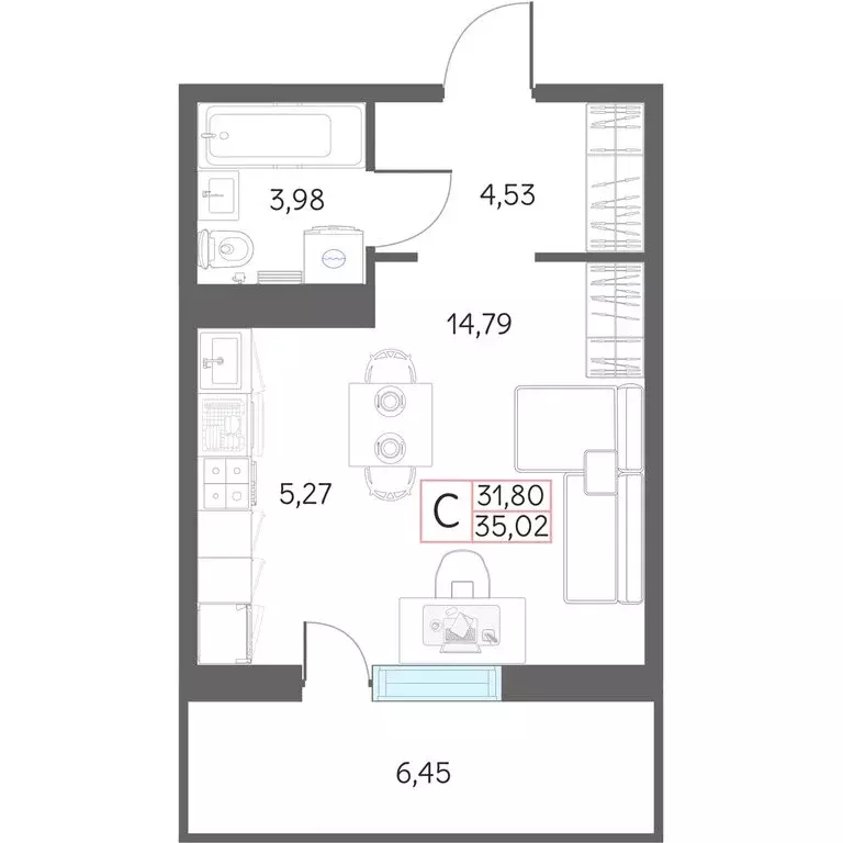 1-комнатная квартира: Тобольск, микрорайон 7А, 29 (35.02 м) - Фото 0