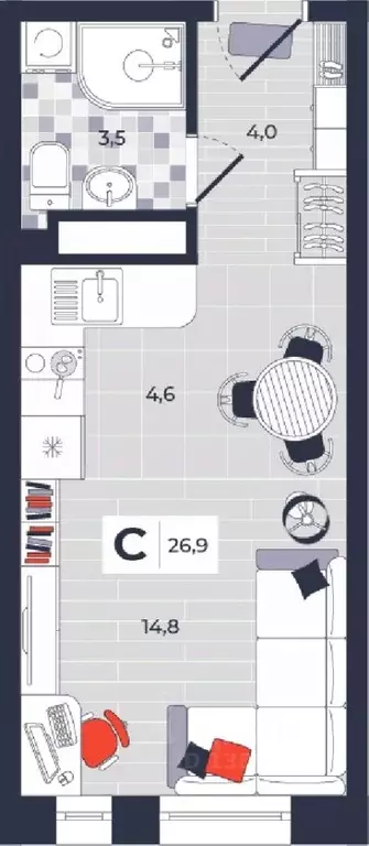 Студия Тульская область, Тула ул. Академика Насоновой, 1А (26.9 м) - Фото 1