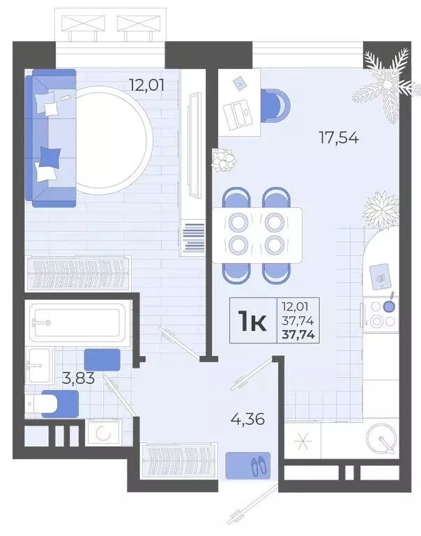 1-комнатная квартира: Краснодарский край, Тихорецк (37.74 м) - Фото 0