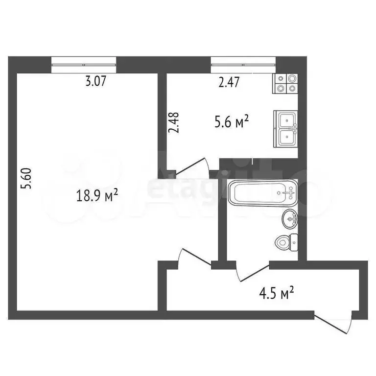 1-к. квартира, 31,8 м, 1/4 эт. - Фото 1