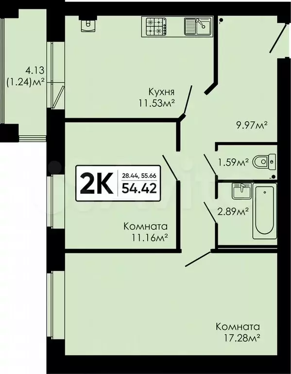 2-к. квартира, 54,4 м, 1/4 эт. - Фото 0