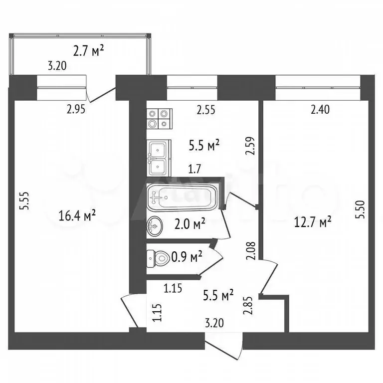 2-к. квартира, 43 м, 4/5 эт. - Фото 0