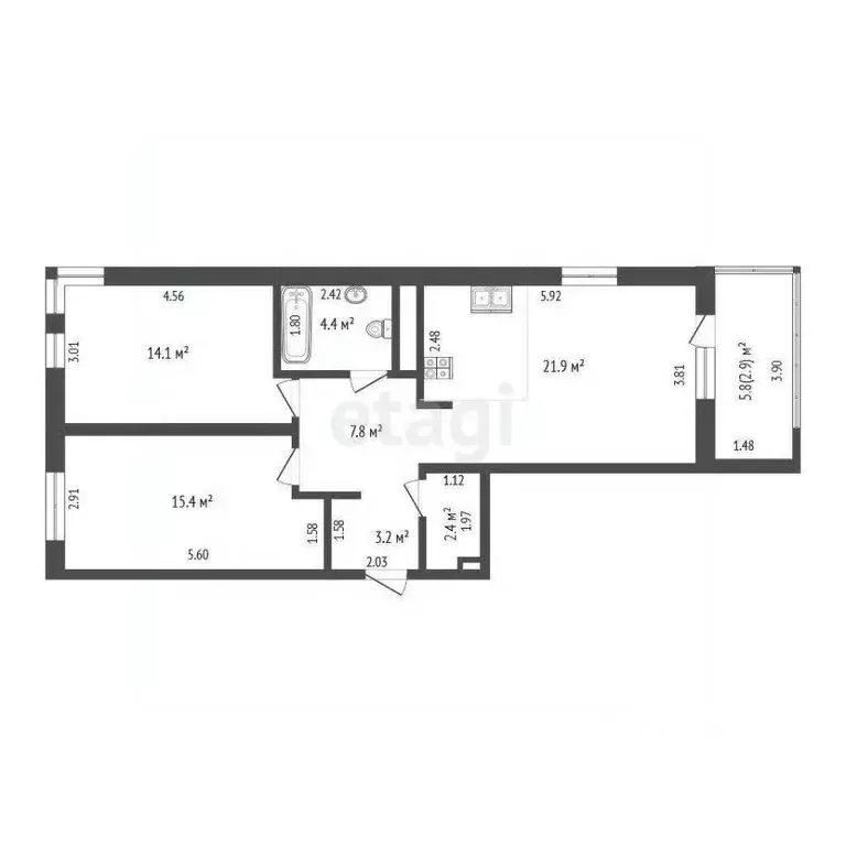 2-к кв. Тюменская область, Тюмень ул. Пожарных и Спасателей, 5к1 (69.2 ... - Фото 2