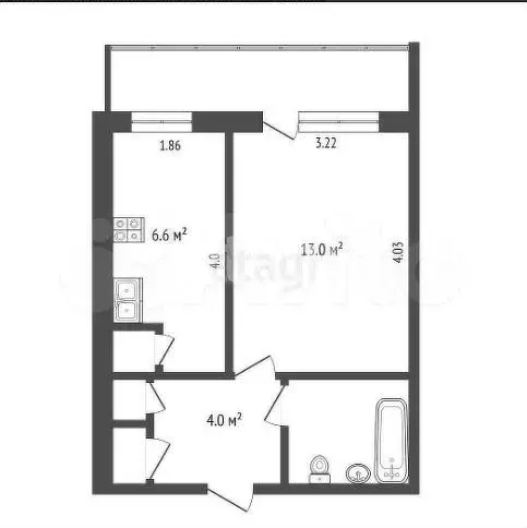 1-к. квартира, 28,7 м, 4/4 эт. - Фото 0