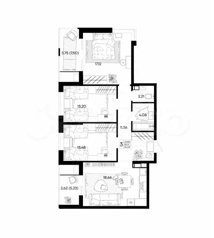 3-к. квартира, 86,5 м, 2/9 эт. - Фото 1