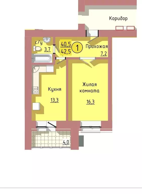 1-комнатная квартира: Благовещенск, Артиллерийская улица, 93 (42.6 м) - Фото 1