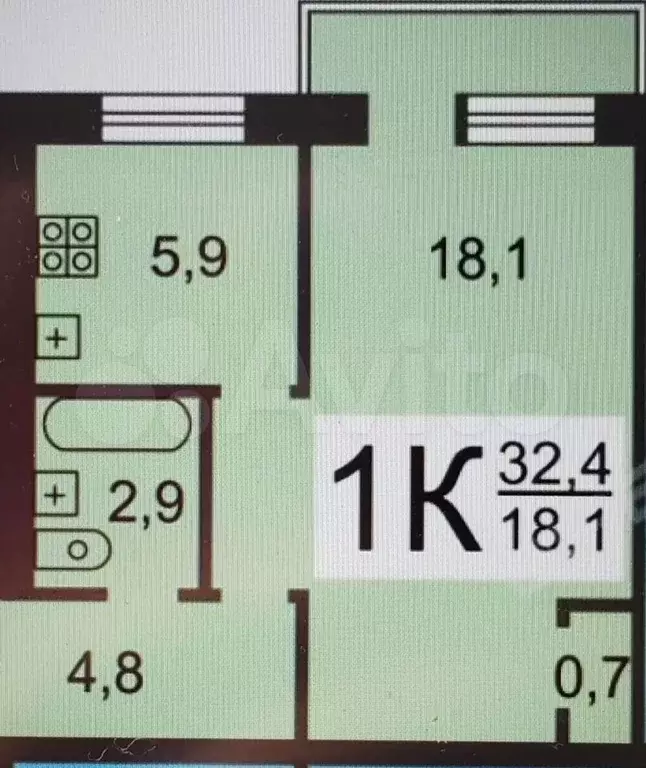 1-к. квартира, 32,4 м, 2/5 эт. - Фото 0