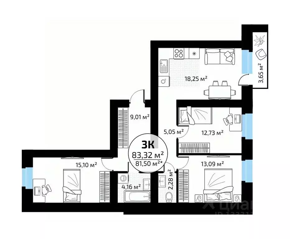 3-к кв. Самарская область, Самара пос. Мехзавод, 1-й кв-л, 50 (83.32 ... - Фото 1