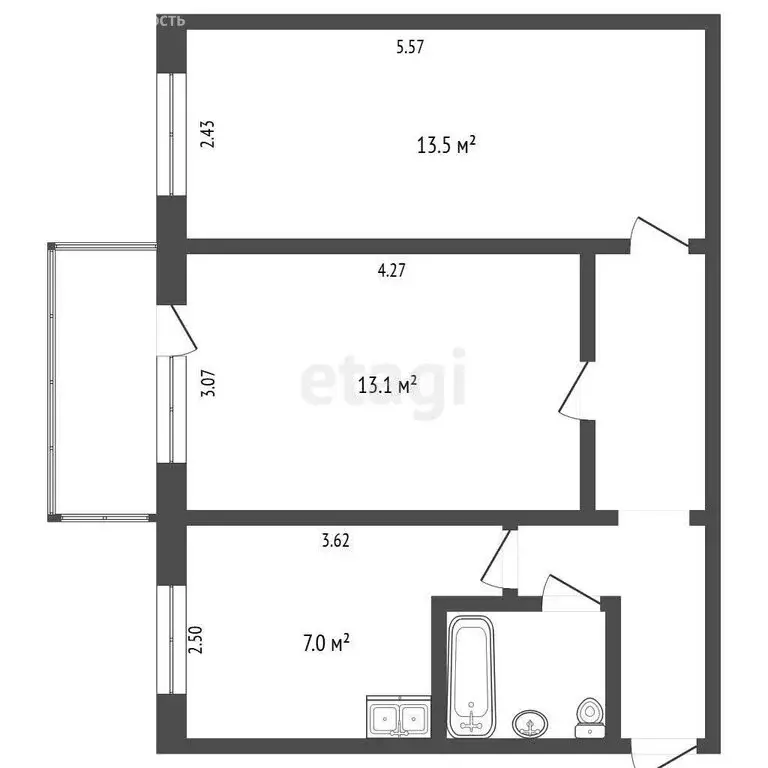 2-комнатная квартира: Нерюнгри, улица Карла Маркса, 25/3 (43.6 м) - Фото 1