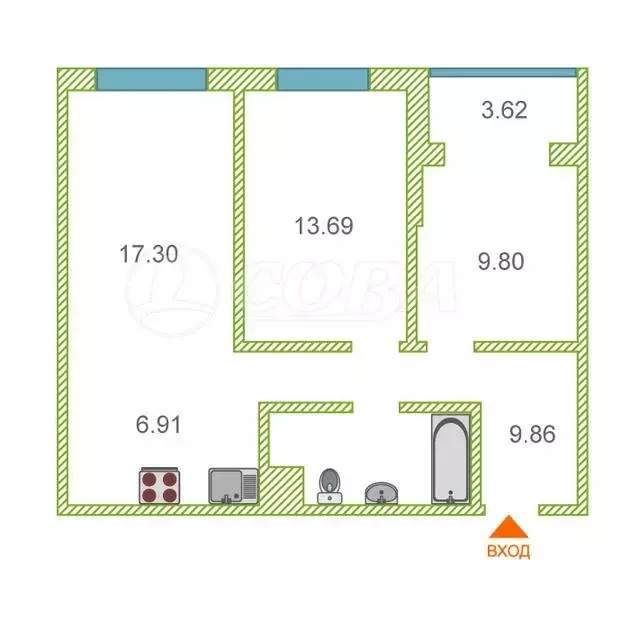 2-комнатная квартира: Тюмень, улица Газовиков, 73 (63.9 м) - Фото 2