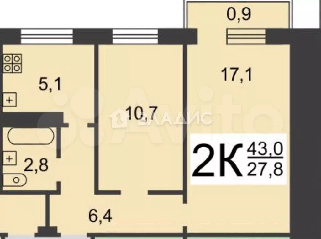 2-к. квартира, 43 м, 1/5 эт. - Фото 0