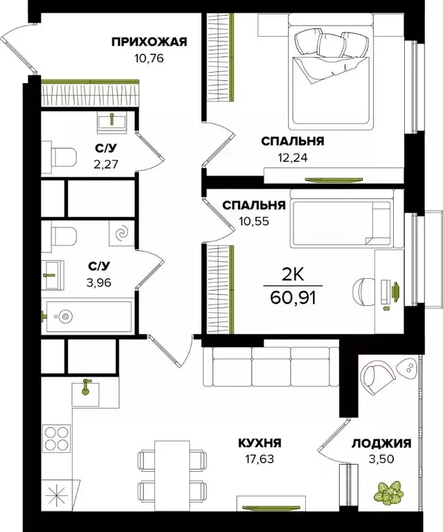 2-к кв. Тульская область, Тула  (60.91 м) - Фото 0