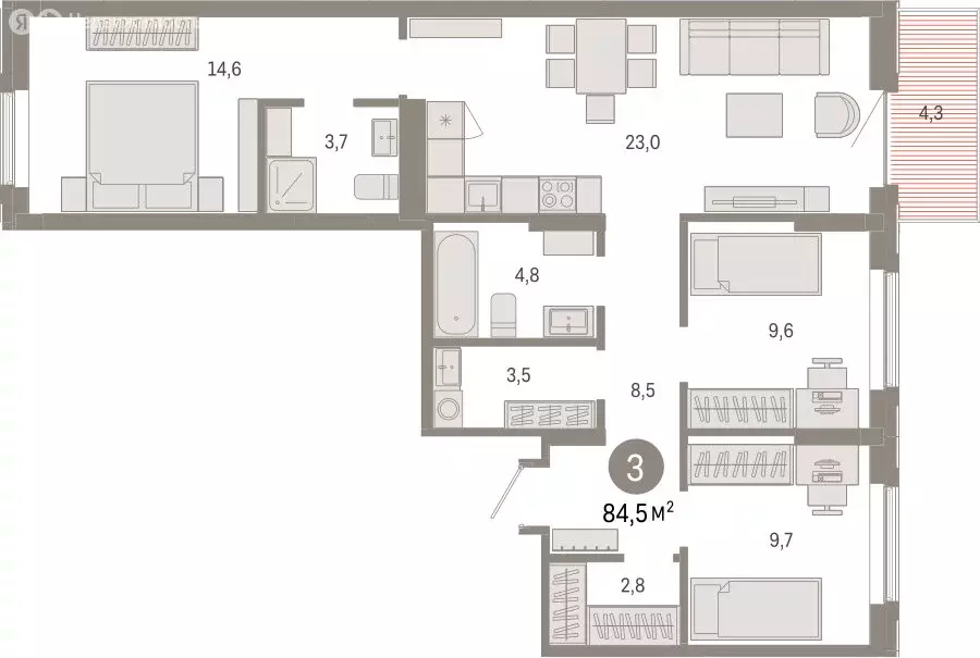 3-комнатная квартира: Омск, Кировский округ (84.52 м) - Фото 1