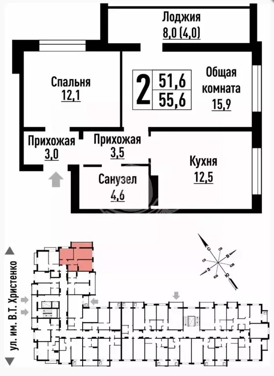 2-к кв. Алтайский край, Барнаул ул. Имени В.Т. Христенко, 5 (55.6 м) - Фото 1