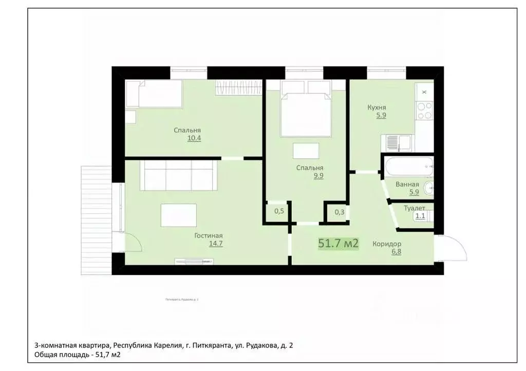 3-к кв. Карелия, Питкяранта ул. Рудакова, 2 (53.0 м) - Фото 1