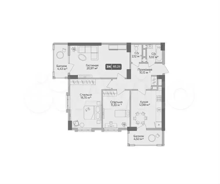3-к. квартира, 83,3 м, 11/17 эт. - Фото 1