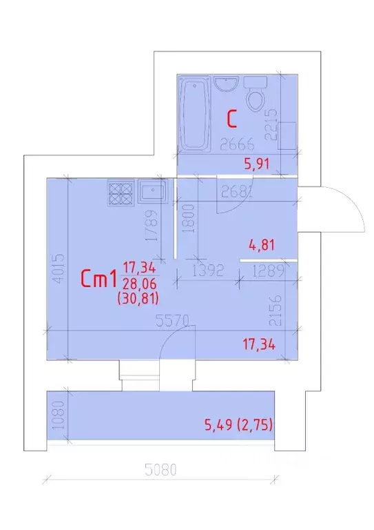 Студия Вологодская область, Череповец 109-й мкр,  (30.81 м) - Фото 1