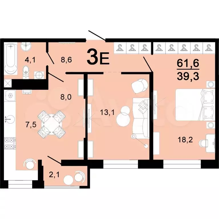 3-к. квартира, 61,6 м, 5/8 эт. - Фото 0