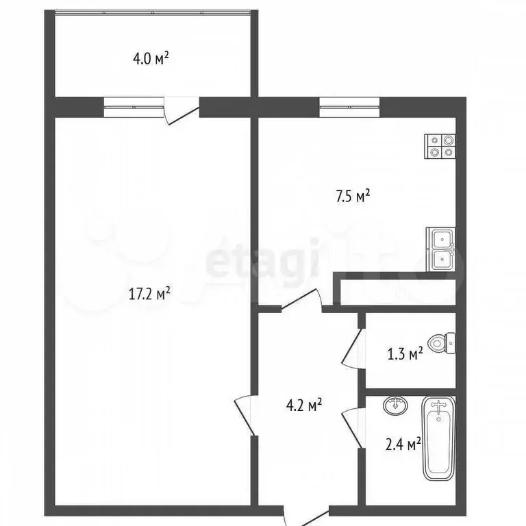 1-к. квартира, 34,4 м, 6/9 эт. - Фото 0