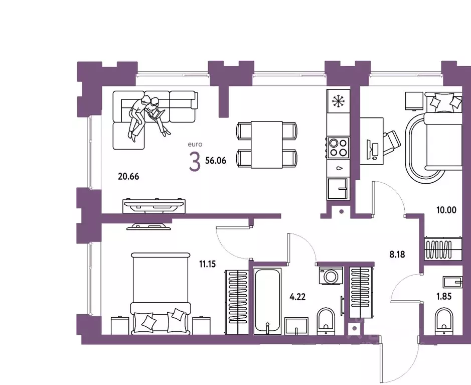 3-к кв. Тюменская область, Тюмень Береговая ул., 100к2 (56.06 м) - Фото 1
