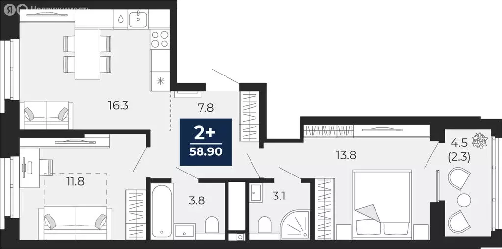 2-комнатная квартира: Тюмень, проезд Капитана Куликова, 5 (58.9 м) - Фото 1