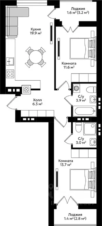 2-к кв. Калининградская область, Гурьевск Пражский жилой комплекс ... - Фото 1