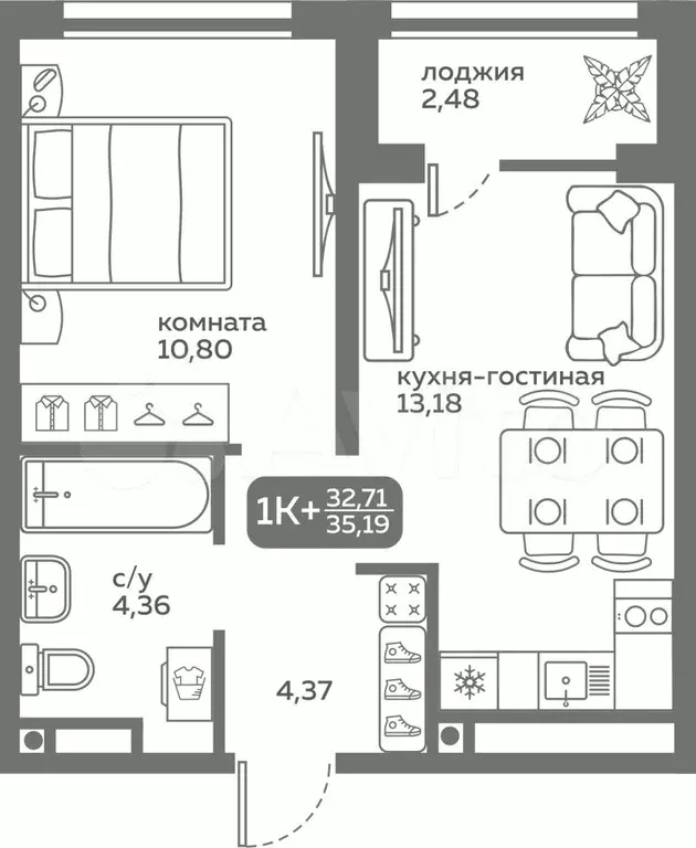 1-к. квартира, 32,7 м, 10/20 эт. - Фото 0