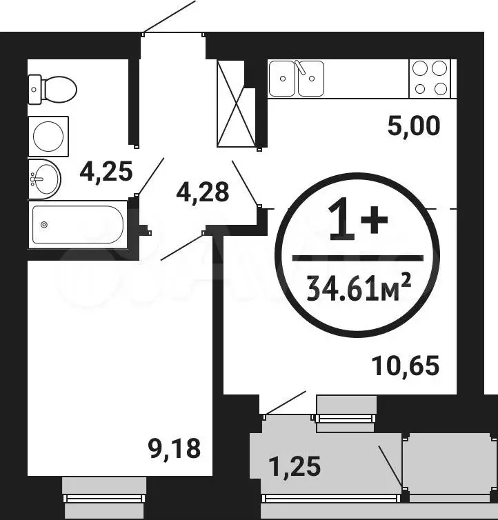 1-к. квартира, 34,6 м, 5/8 эт. - Фото 0