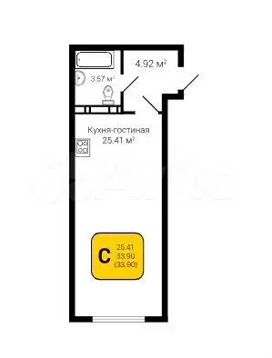 Квартира-студия, 33,9 м, 5/8 эт. - Фото 1