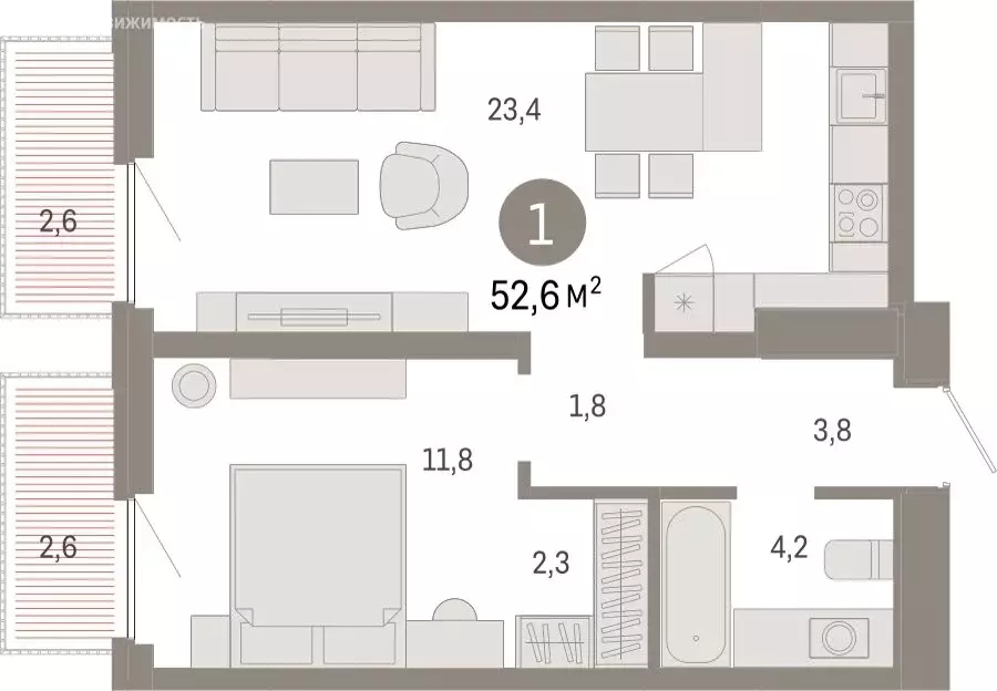 1-комнатная квартира: Тюмень, Мысовская улица, 26к2 (52.62 м) - Фото 1