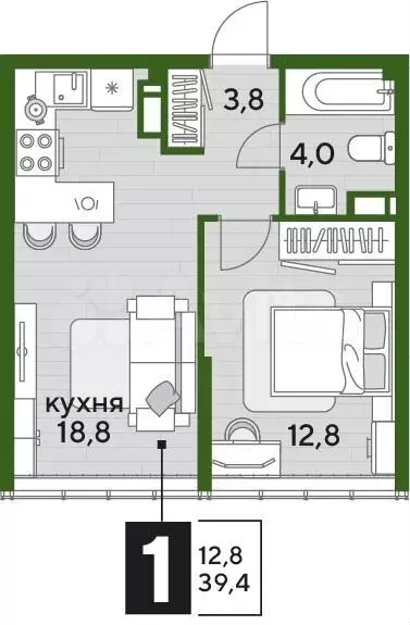 1-к. квартира, 39,4м, 15/16эт. - Фото 1